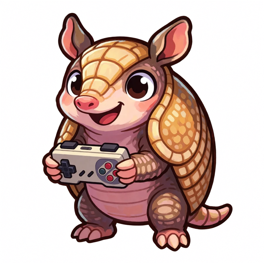 tatubit's mascot, a cheerful armadillo holding a game controller