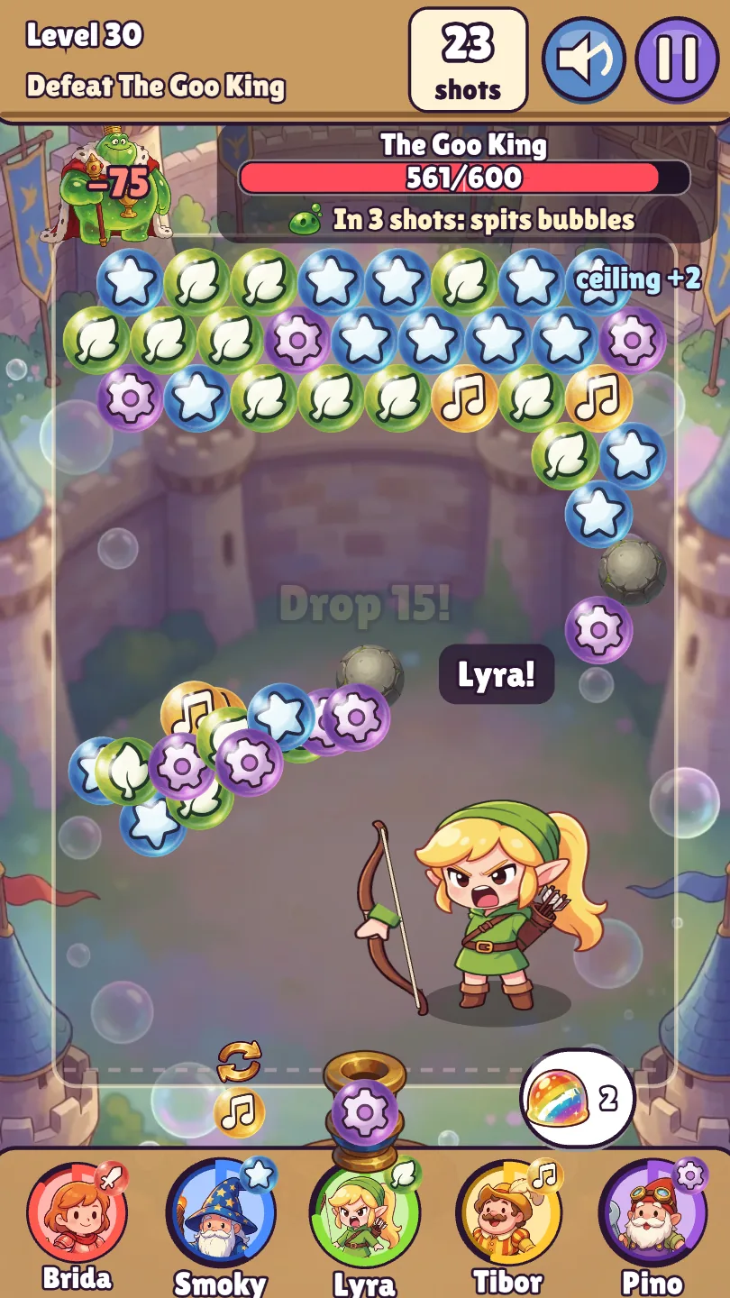 Lyra drops 15 bubbles on the Goo King