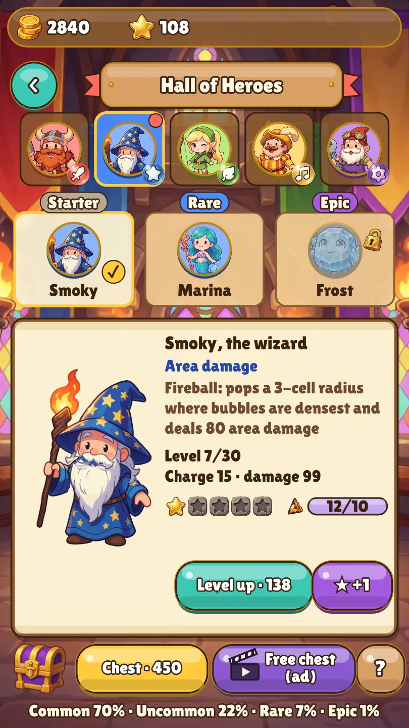 Level up heroes in the Hall of Heroes