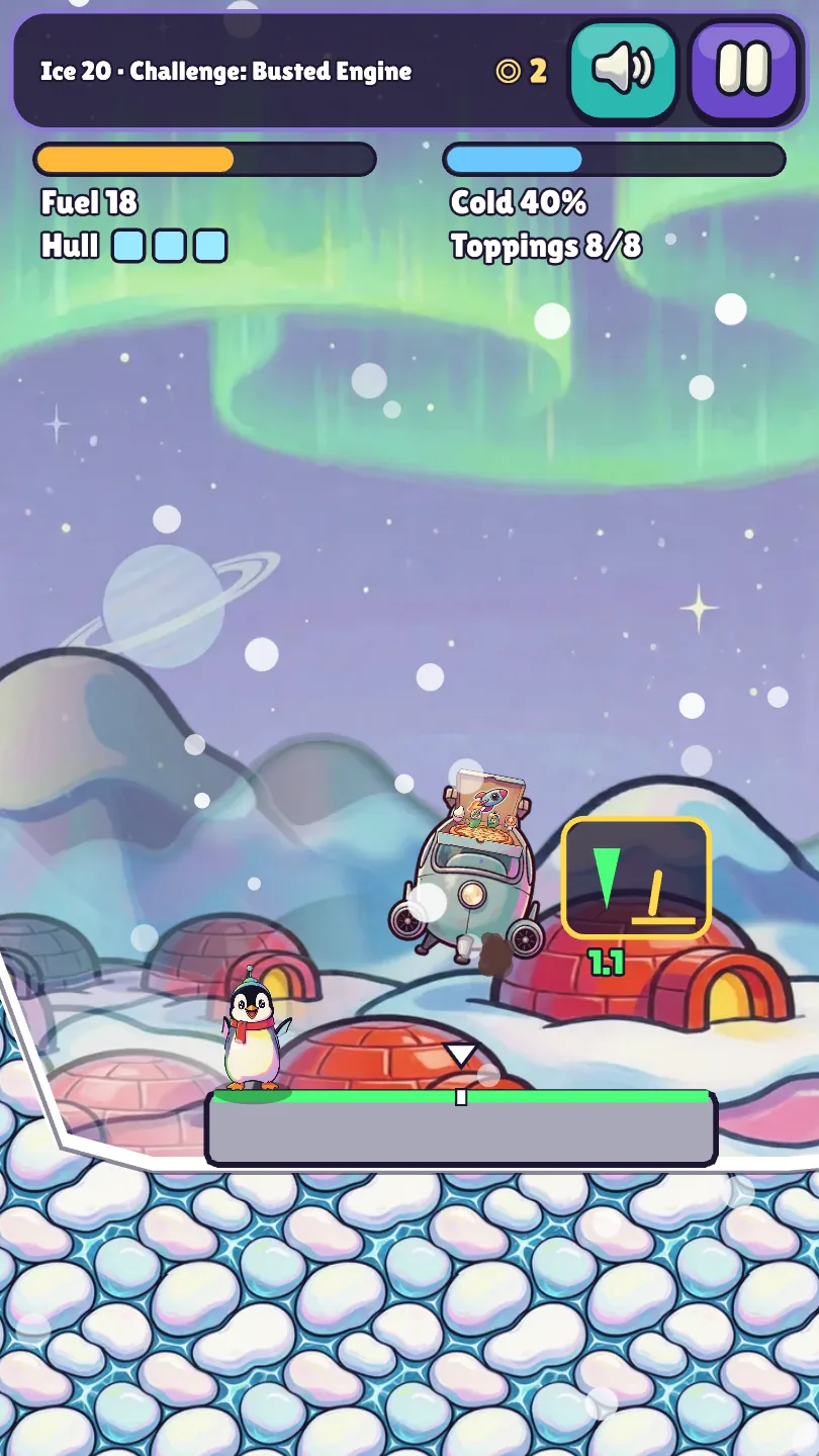 A penguin awaits pizza on icy Frostland